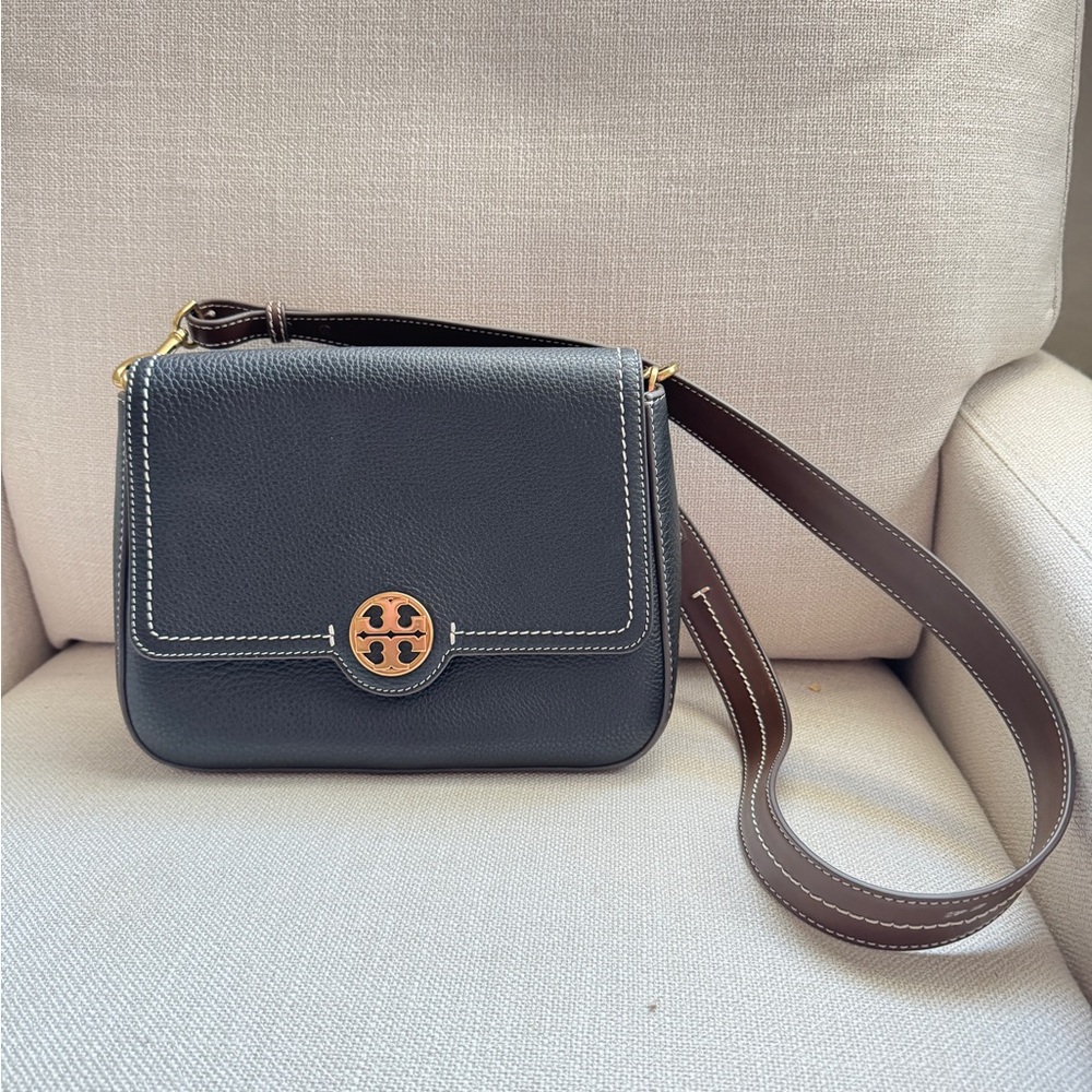 Tory Burch Black Pebbled Leather Crossbody with Brown Strap & Gold Hardware - Picture 7 of 7